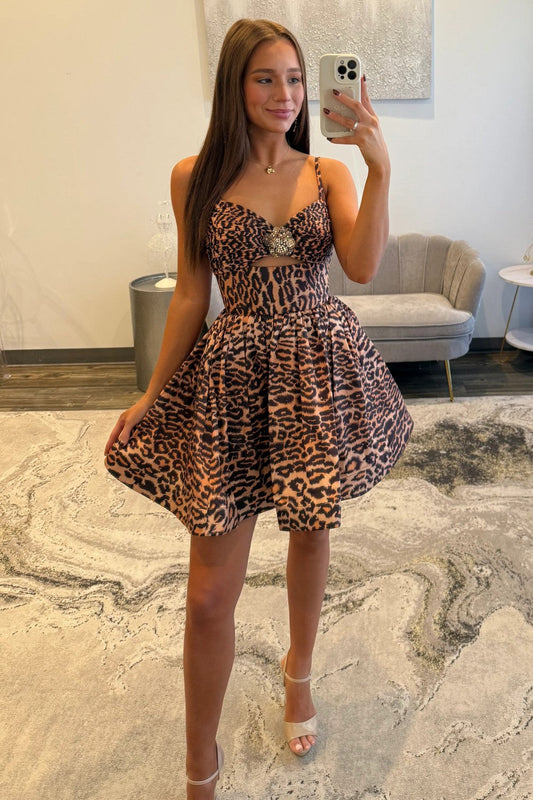 Bold Leopard Print Cutout Homecoming Dress with Jewel Bust Detail and Spaghetti Straps