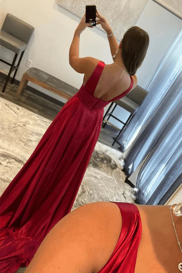 omberprom Burgundy V Neck Lace Long Prom Evening Dress with High Slit