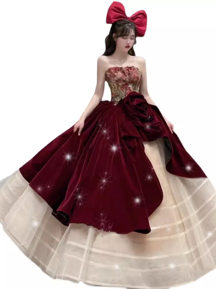 Simple Ball Gown Strapless Red Tulle Long Prom Dresses C105