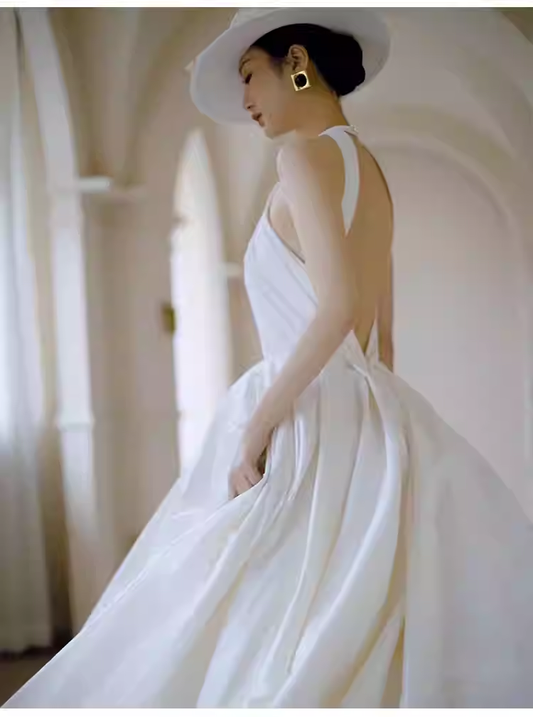 Vintage Ball Gown White Satin Wedding Dresses C131