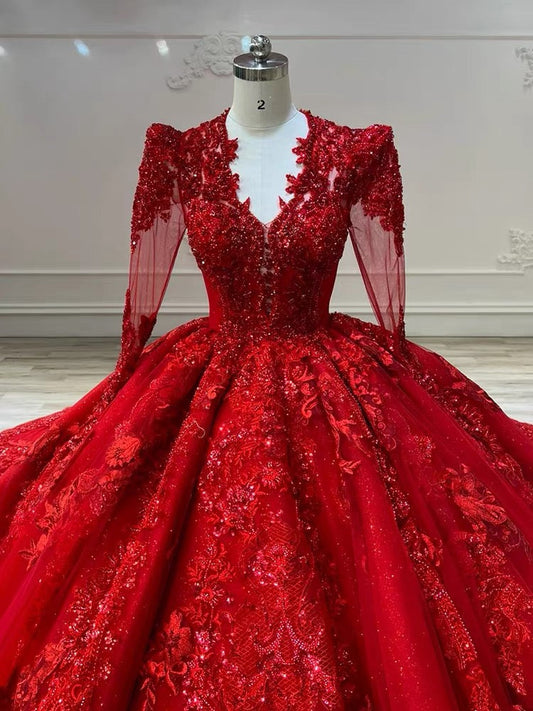 Dreamy Ball Gown V Neckline Red Long Sleeves Lace Long Wedding Dresses With Beads C1793