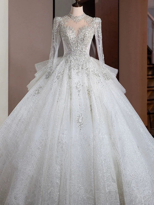 Dreamy Ball Gown High Neckline Sequin White Long Sleeves Wedding Dresses With Beads C1806
