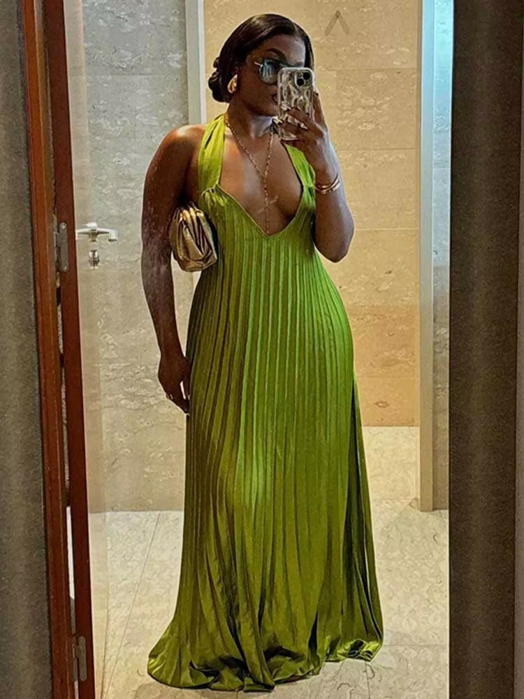 Classy A line Halter Ruffles Floor Length Green Prom Dresses Black Girl Prom Gowns C2542