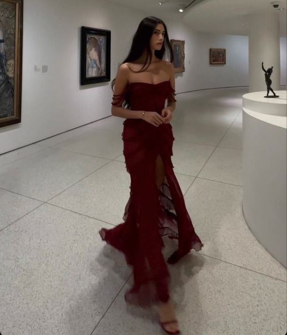 Burgundy Chiffon Slit Formal Evening Gown, Long Party Prom Dress C3160