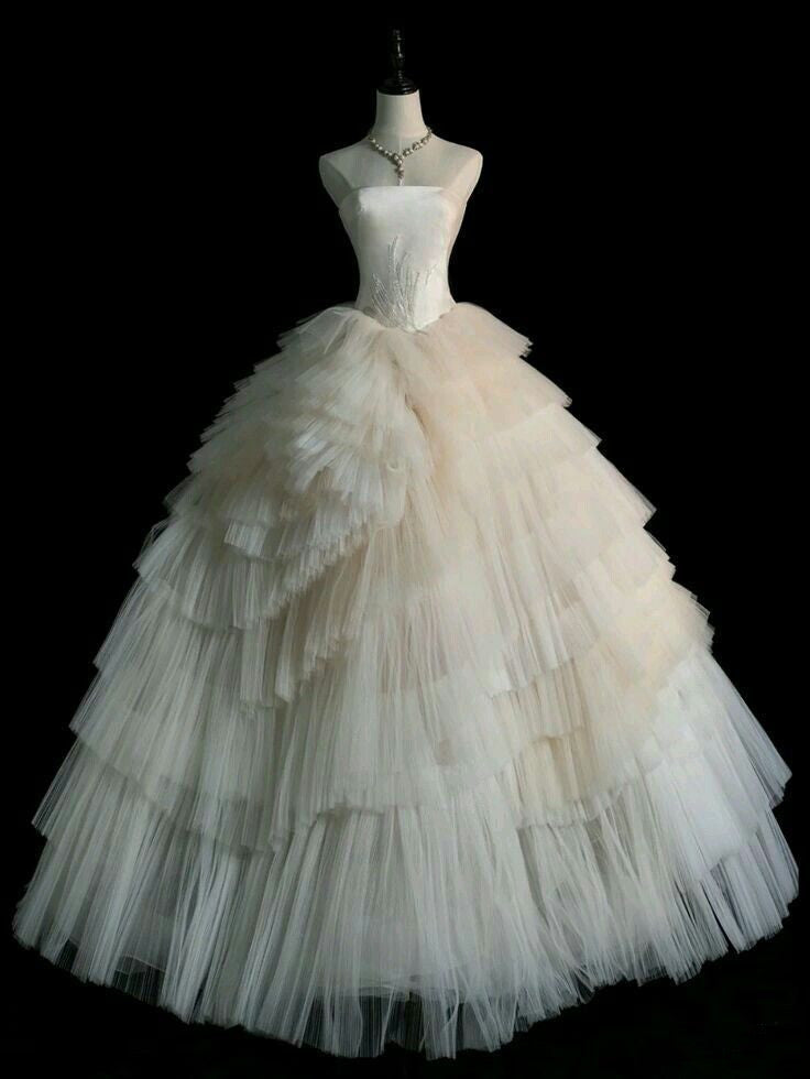 Chic Ball Gown Strapless Ruffles Layers Tulle Long Wedding Dresses With Beads C3492