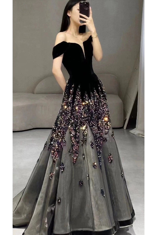 Elegant Ball Gown Off The Shoulder Black Short Sleeves Sequin Evening Dress Long Prom Dresses C3584