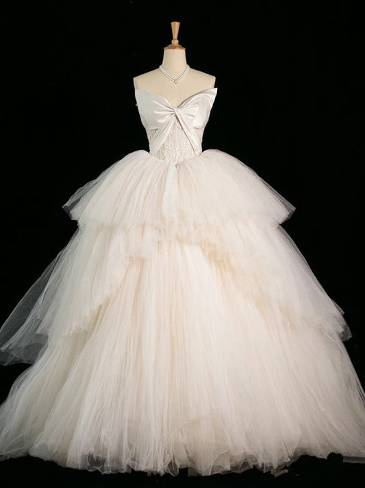Chic Ball Gown Strapless Sleeveless White Tulle Wedding Dresses With Ruffles C3740
