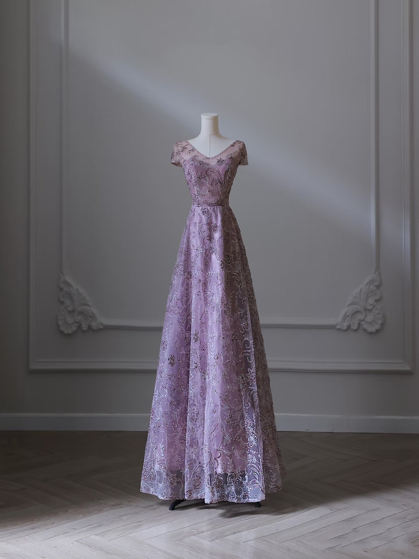 Sexy A line V Neckline Lilac Sequin Long Prom Dresses Evening Gowns