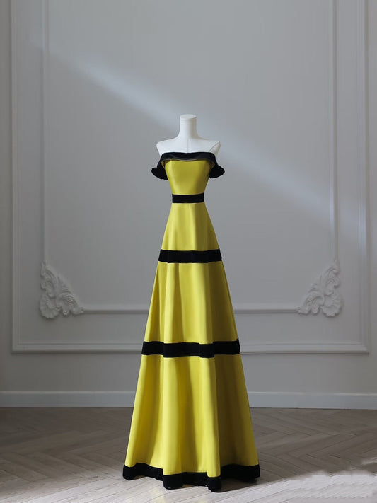 Sexy A Line Strapless Satin Yellow Long Prom Dresses Evening Gowns