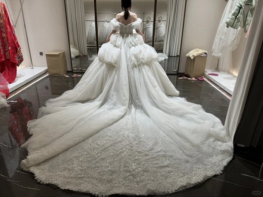 Vintage Ball Gown Off The Shoulder Satin Tulle Applique With Veil Long Wedding Dresses C3906