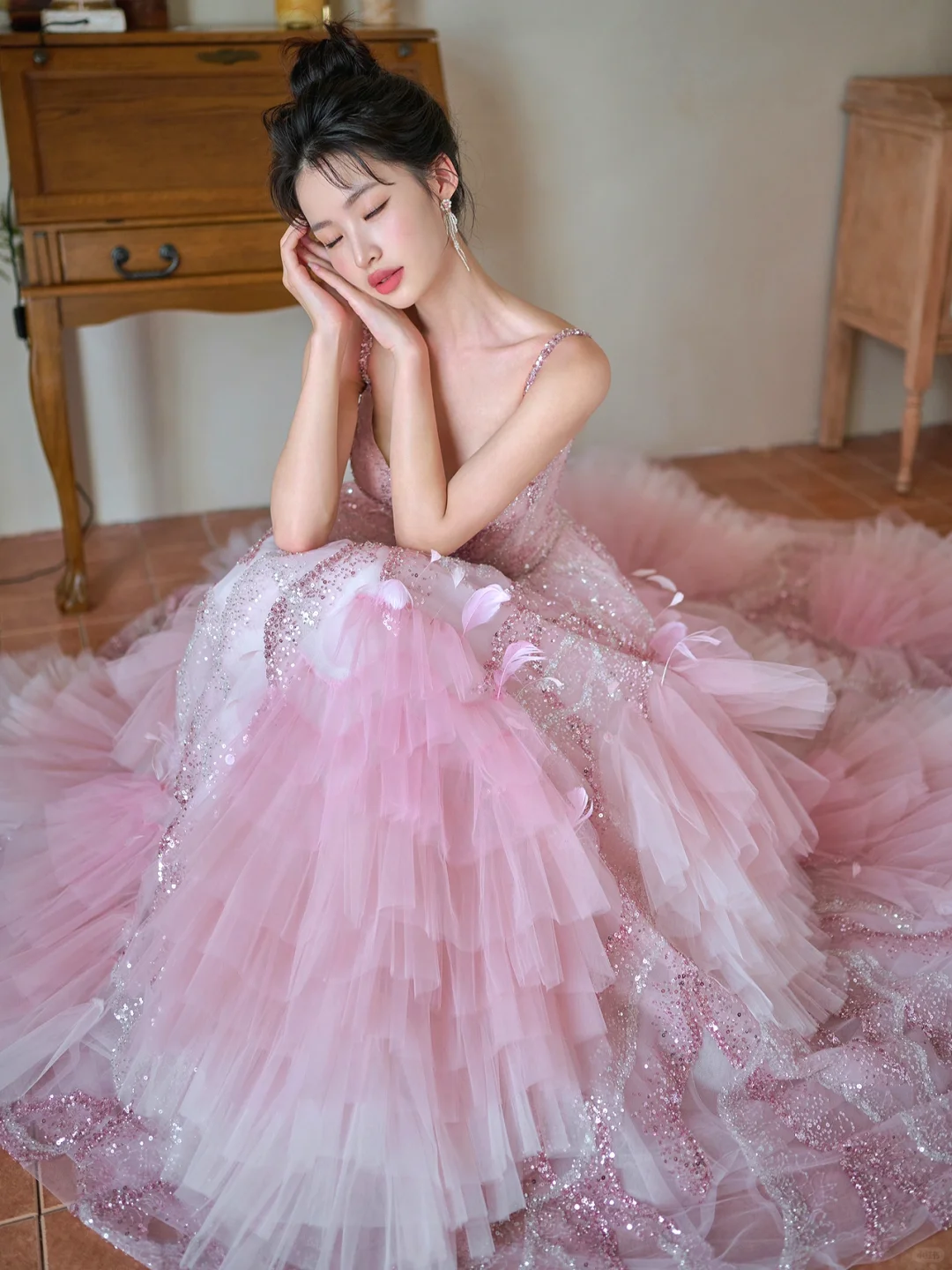 Pretty Summer Ball Gown Spaghetti Straps Pink Tulle Sequin Long Prom Dresses C3968