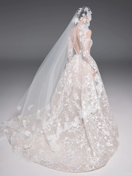 Vintage Ball Gown Off The Shoulder Satin Lace Backless Long Sleeves With Veil Long Wedding Dresses C4002