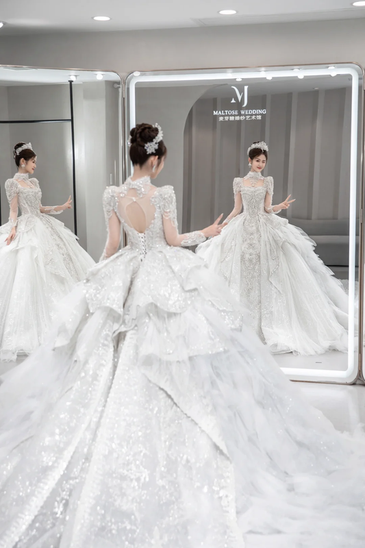Gorgeous Ball Gown Tulle Sequin Long Sleeves Long Wedding Dresses C4090
