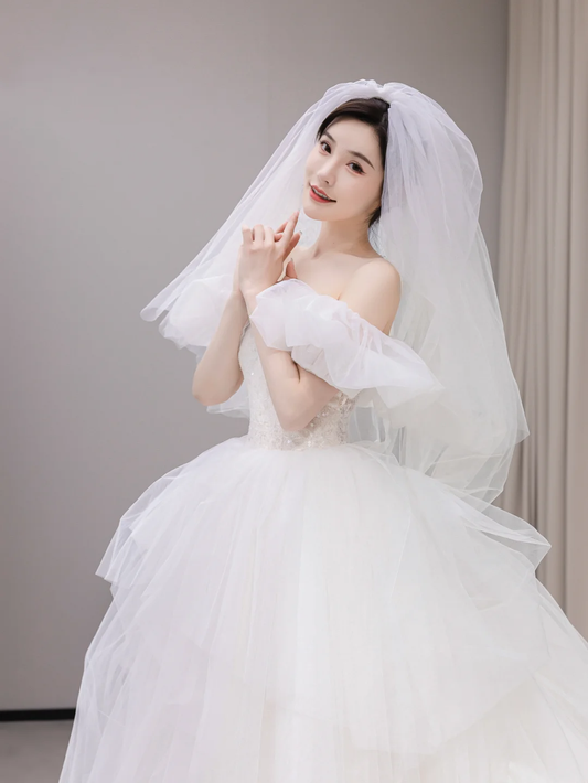 Elegant Ball Gown Off The Shoulder Tulle With Veil Long Wedding Dresses C4184