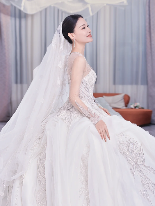 Timeless Ball Gown Tulle Lace Long Sleeves With Veil Long Wedding Dresses C4211