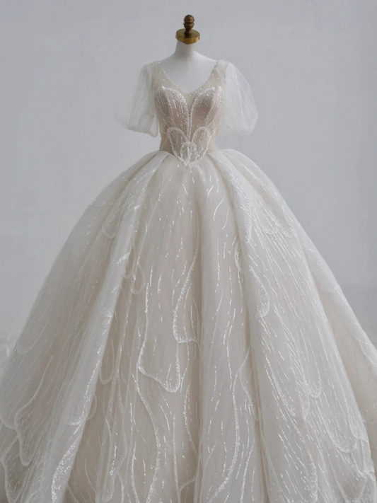 Classy Ball Gown V Neck Tulle Sequin Short Sleeves Long Wedding Dresses C4391