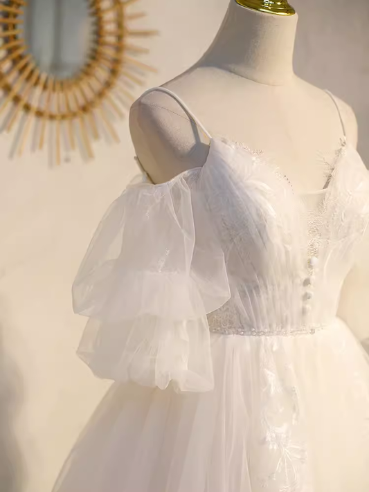 Elegant Ball Gown Straps Tulle Party Dress White Homecoming Dresses C440