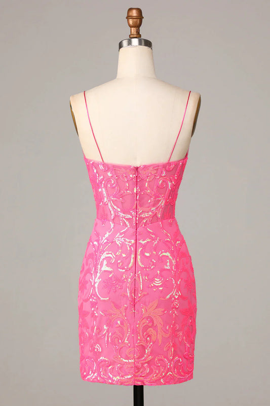 omberprom Sequins Homecoming Dress Amazing Sheath Fuchsia Spaghetti Straps