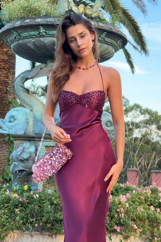 Chic Satin Halter Neck Lace Up Long Prom Party Dress with Sequin