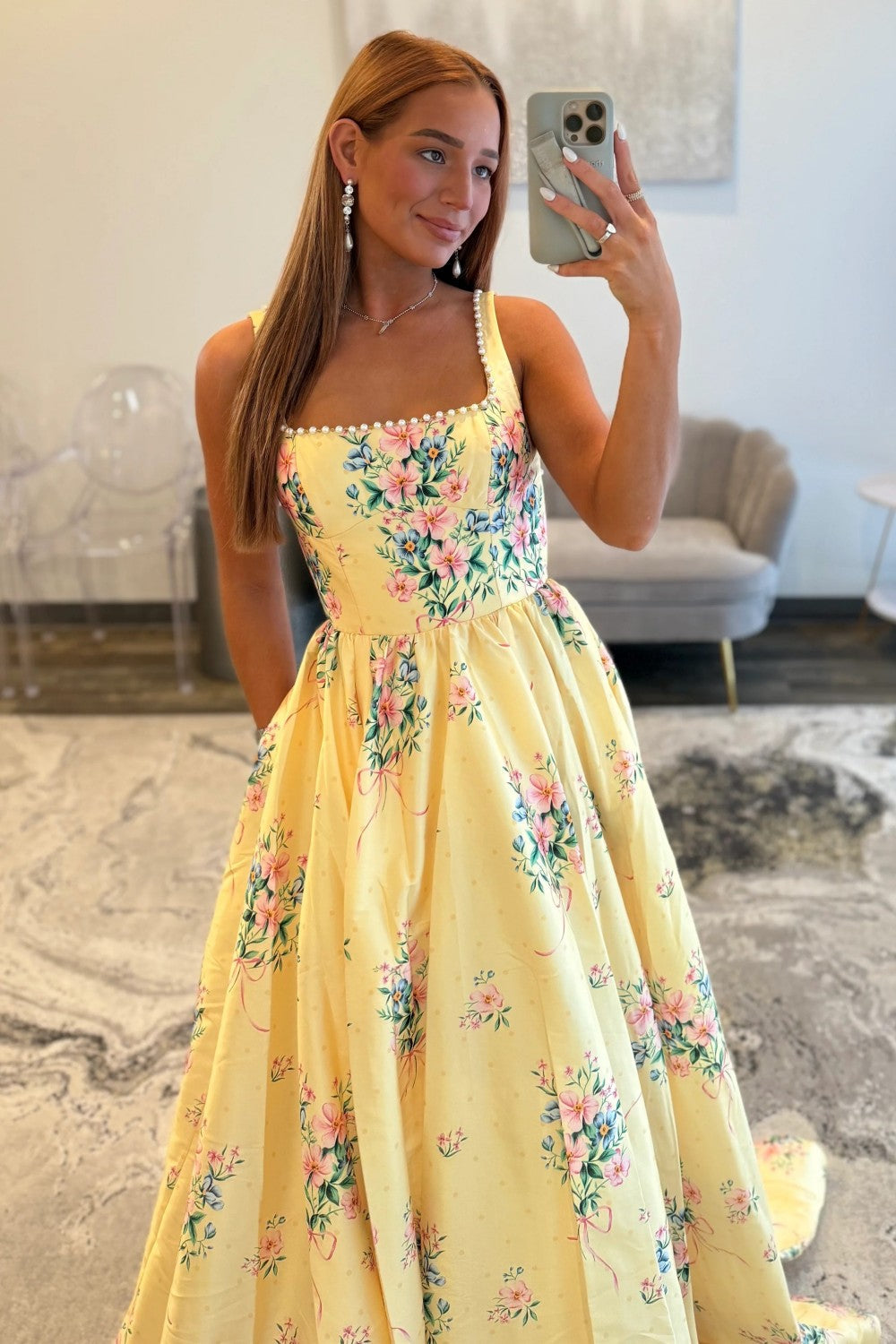 Chic Yellow Floral Square Pearls Trim Neck Prom Dress With Open Back