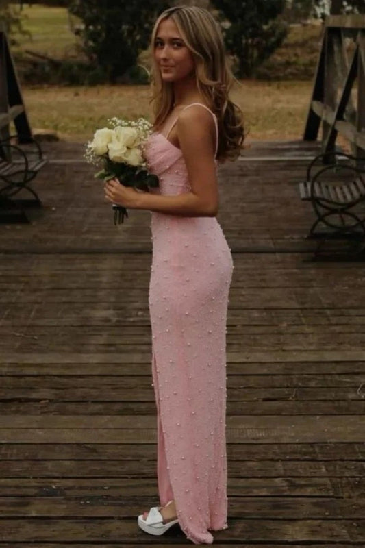Classic Blush Pink Spaghetti Straps Pearls Prom Gown with and Modern Front Slit