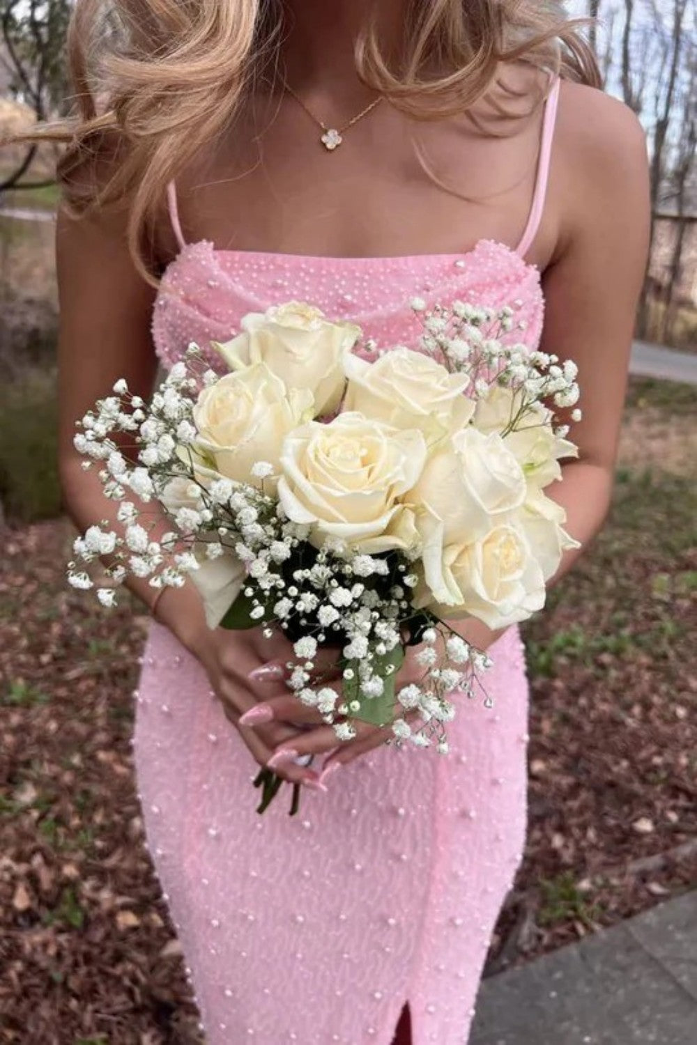 Classic Blush Pink Spaghetti Straps Pearls Prom Gown with and Modern Front Slit