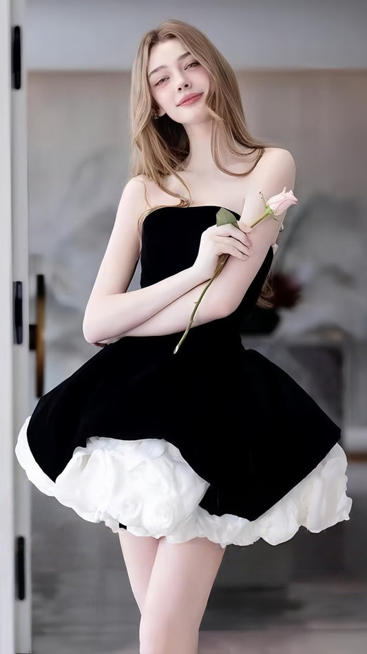 Classy Black Strapless Rose Flowers Homecoming Dresses A-line Party Dress, AST1988
