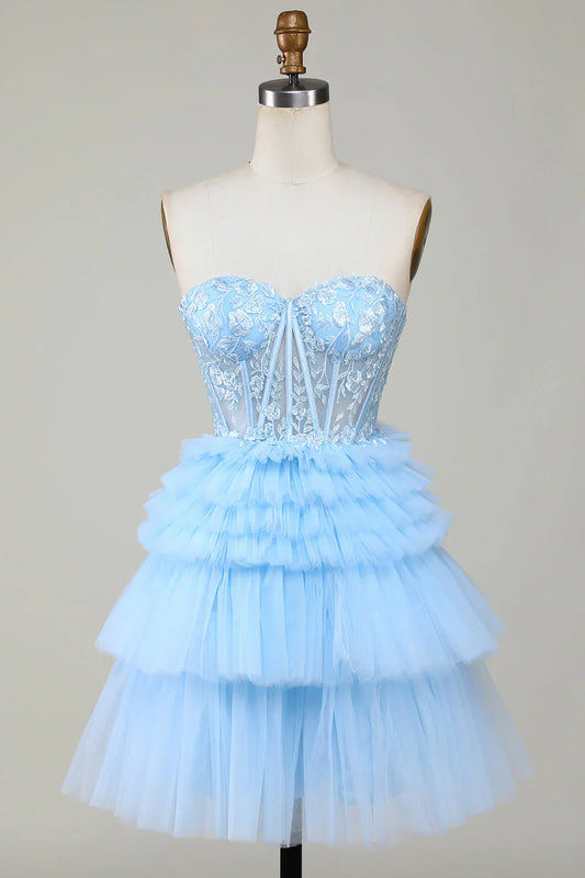 omberprom A Line Sweetheart Tiered Short Homecoming Dress with Ruffles Graduation Dress