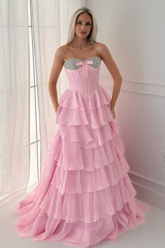 Cute A Line Sweetheart Pink Corset Prom Dress with Beading Ruffles