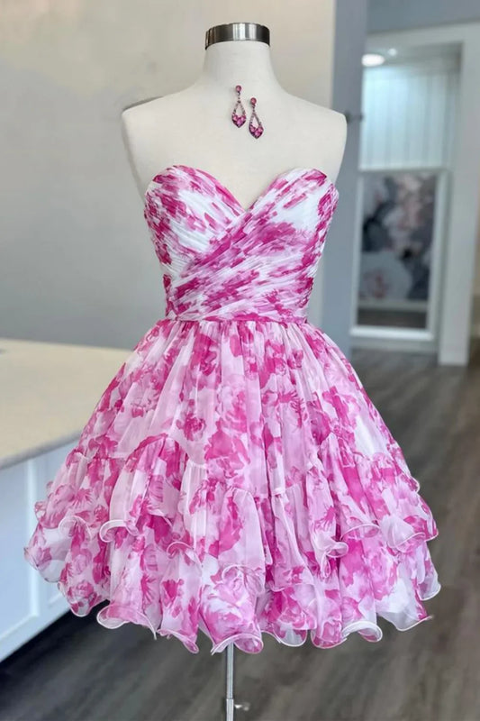 omberprom A-Line Homecoming Dress Pink Sweetheart Short Tiered Print Chiffon