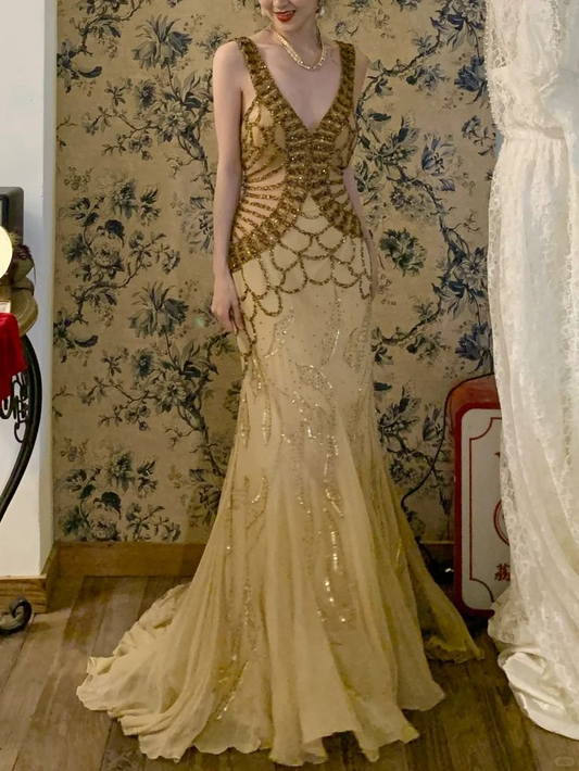 Vintage V Neck Yellow Chiffon Sequin Beaded Mermaid Party Dress Long Prom Dresses SP454