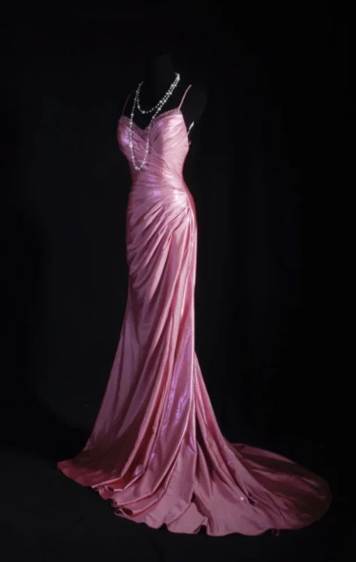 Vintage Rose Pink Satin Mermaid Evening Gown Spaghetti Strap Sweetheart Prom Dress TP5147