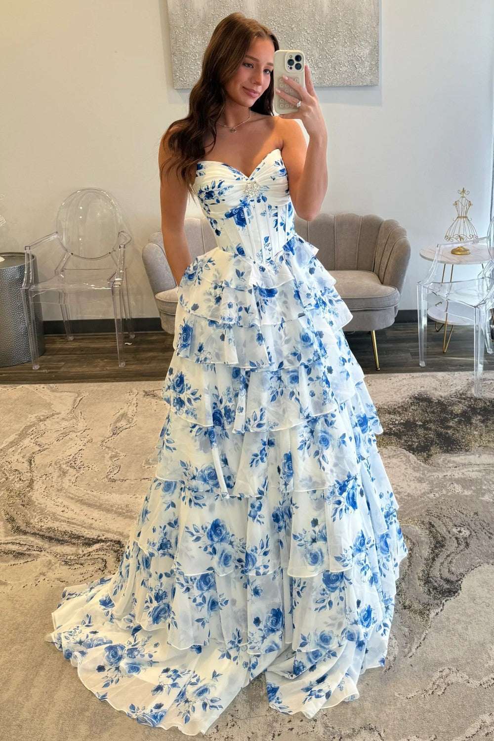 Elegant Blue Floral Sweetheart Tiered Prom Dress with Corset Bodice