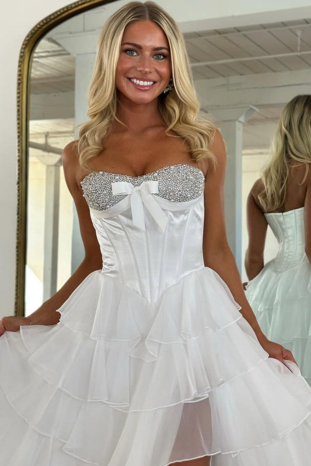Elegant Yellow A-Line Tiered Ruffle Prom Dress with Sparkling Bodice