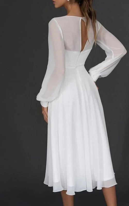 omberprom Elegant A-Line V-neck Chiffon Long Sleeves Zipper Wedding Dress Simple Party Dress