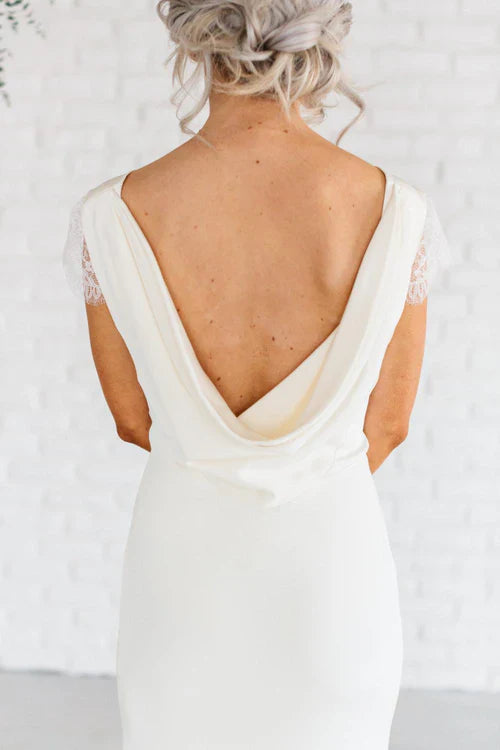 omberprom Elegant Bateau Neck Lace Cap Sleeve Sheath Long Wedding Dresses With Cowl Back