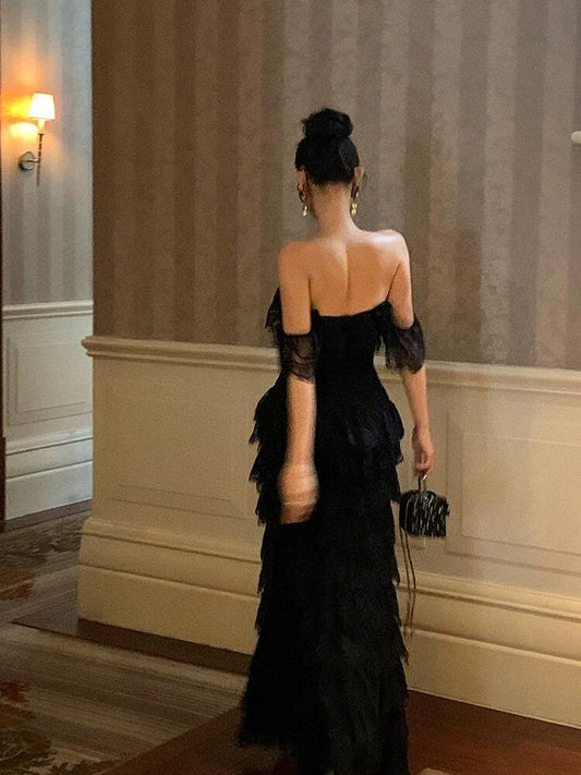 omberprom Elegant Evening Gowns Off The Shoulder Black Long Prom Dress with Slit Birthday Party Dress