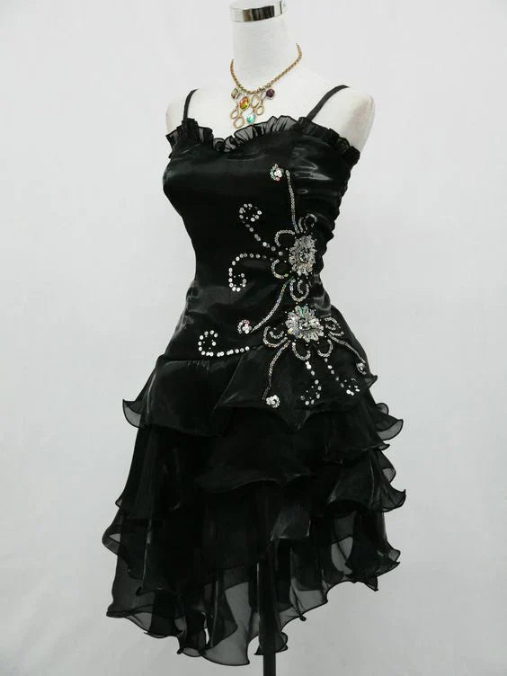 omberprom Elegant Formal Dress A Line Black Ruffle Short Prom Dress Homecoming Dress Charming Evening Party Dress