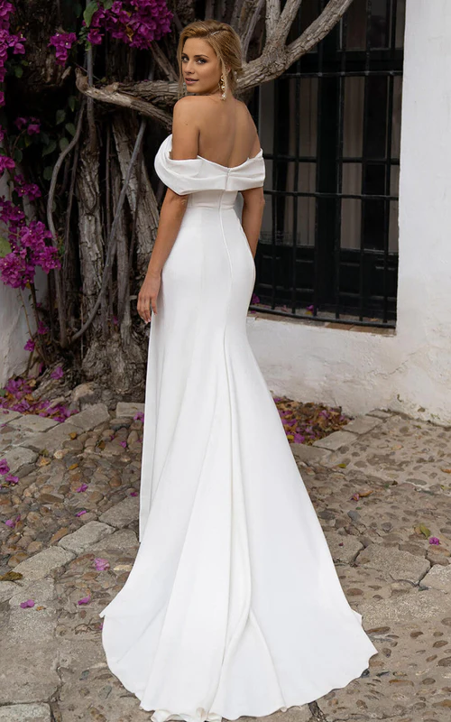 omberprom Elegant Mermaid Satin Off-the-Shoulder Sheath Wedding Dress with Zipper and Slit