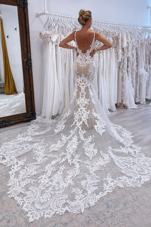 omberprom Elegant Mermaid V Neck Tulle Lace Wedding Dresses with Train Charming Bridal Gown