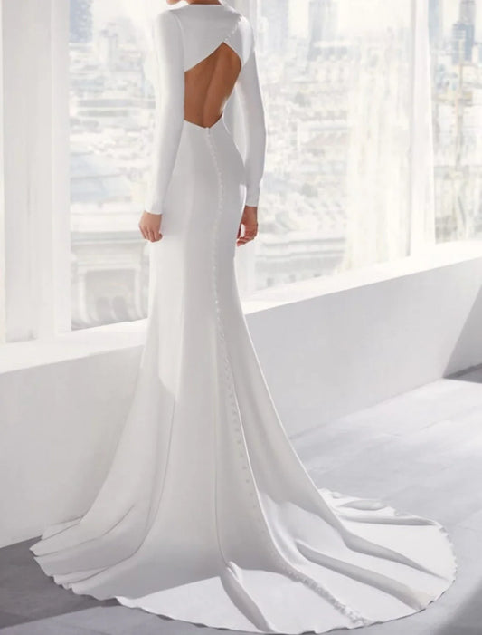 omberprom Elegant Open Back Casual Wedding Dresses Mermaid / Trumpet Scoop Neck Long Sleeve Court Train Bridal Gowns With Buttons