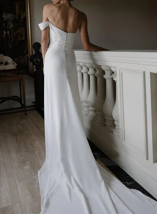 omberprom Elegant Sheath One-Shoulder Sleeveless Long Wedding Dresses with Slit