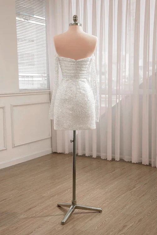 omberprom Elegant Strapless Short Homecoming Dress Sequined Backless Charming Wedding Dress With Long Sleeves Lovely Birthday Party Dress