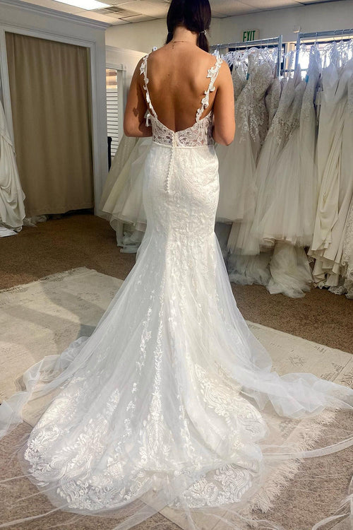 omberprom Elegant Tulle Mermaid Spaghetti Straps Long Wedding Dress Charming Bridal Gown with Appliques
