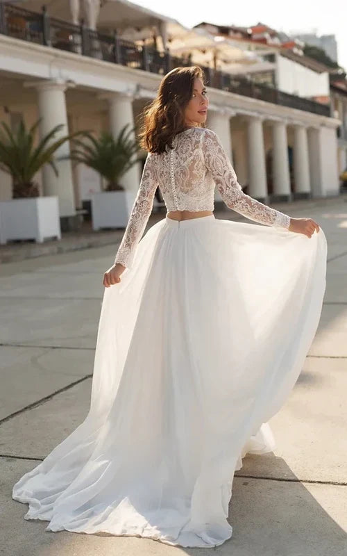 omberprom Elegant Two Piece V-neck Long Sleeves Wedding Dress with Sweep Train Lace Bridal Gown With Slit