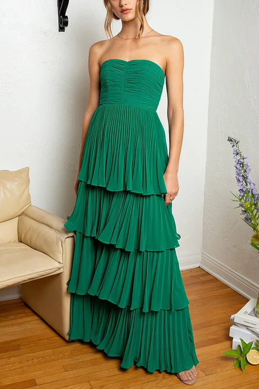 omberprom Strapless Emerald Evening Dress Green Ruffle Multi-Layer Long Prom Dress