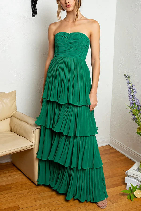 omberprom Strapless Emerald Evening Dress Green Ruffle Multi-Layer Long Prom Dress