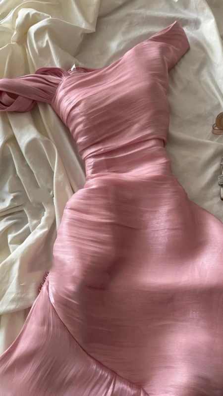 Pink Asymmetric Ruched Mermaid Evening Dress _ Satin Ruffled Formal Gown TP5072
