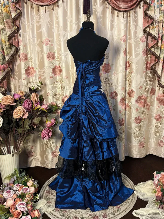 Vintage Strapless Navy Blue Satin Pleated Mermaid Party Dress Long Birthday Prom Dress Evening Gown