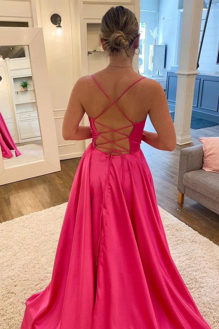 Fuchsia Scoop Neck Satin A-Line Long Party Dress with Slit Simple Evening Dress Wholesale